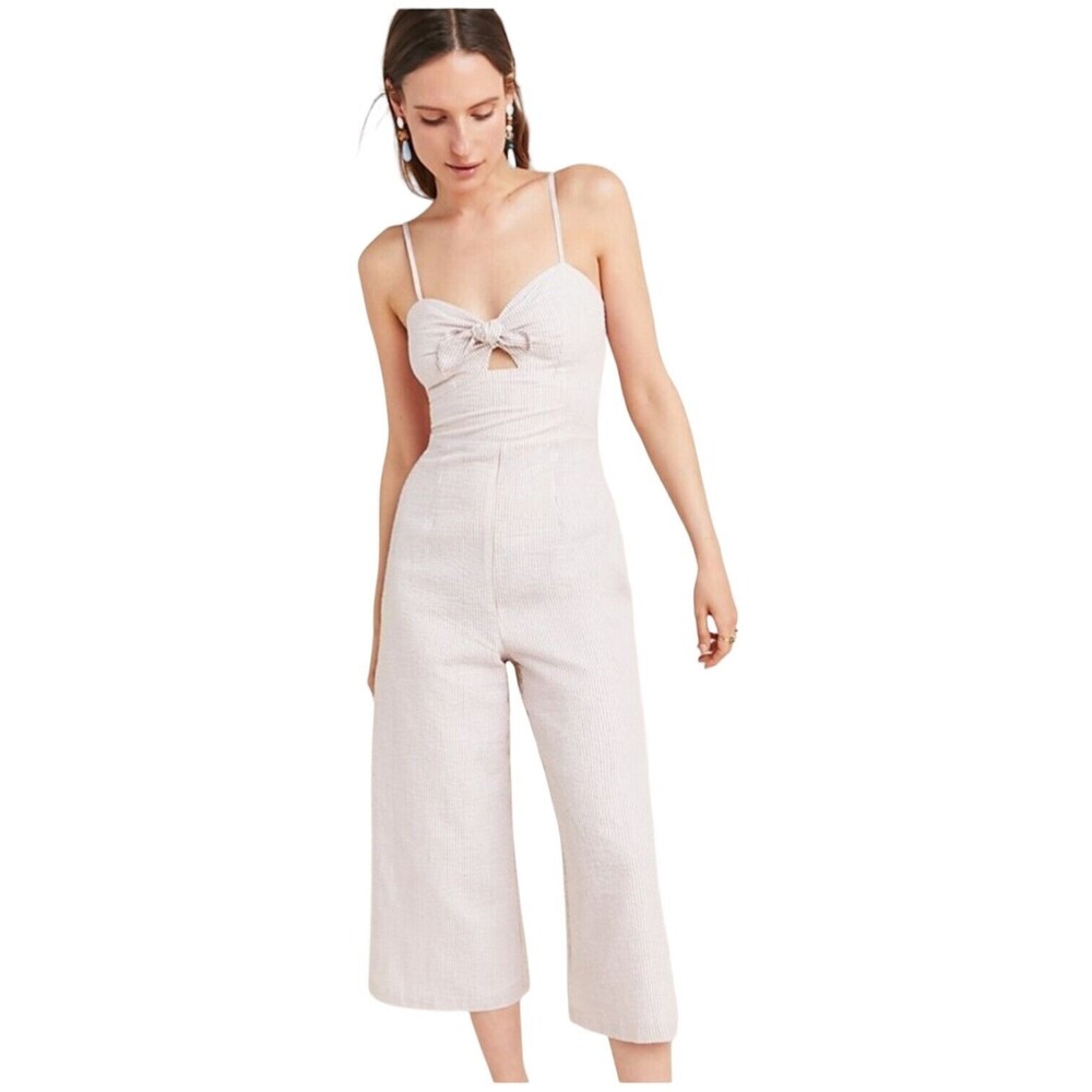 HUTCH Seersucker Jumpsuit Wide Leg Beige White Pinstripe Savannah Size 0 ($280)